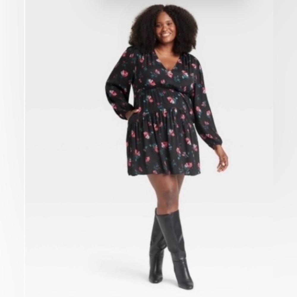 a new day Black Dress with Red Floral Print
